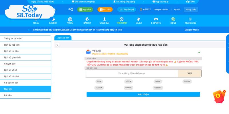 Nạp tiền vào tài khoản để chơi nổ hũ S8